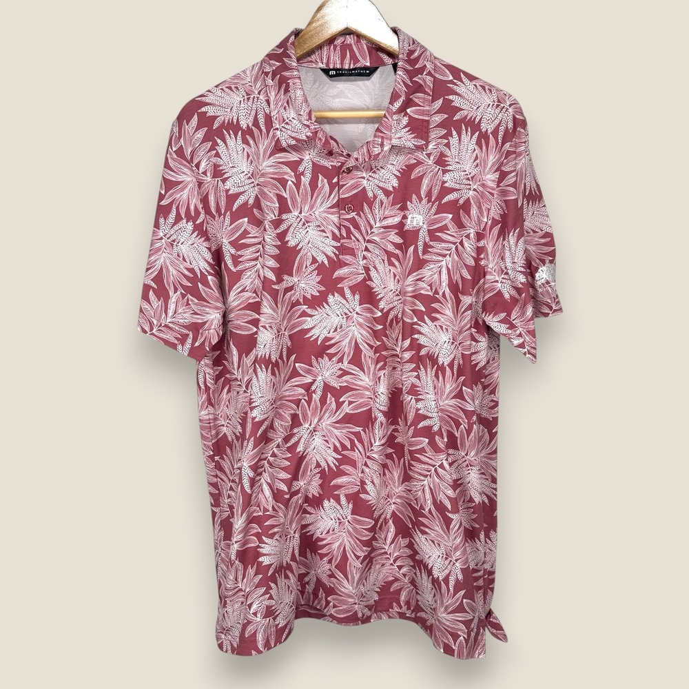 Travis Mathew Sea Journey Golf Polo Shirt XL Pink White Floral All Over Print